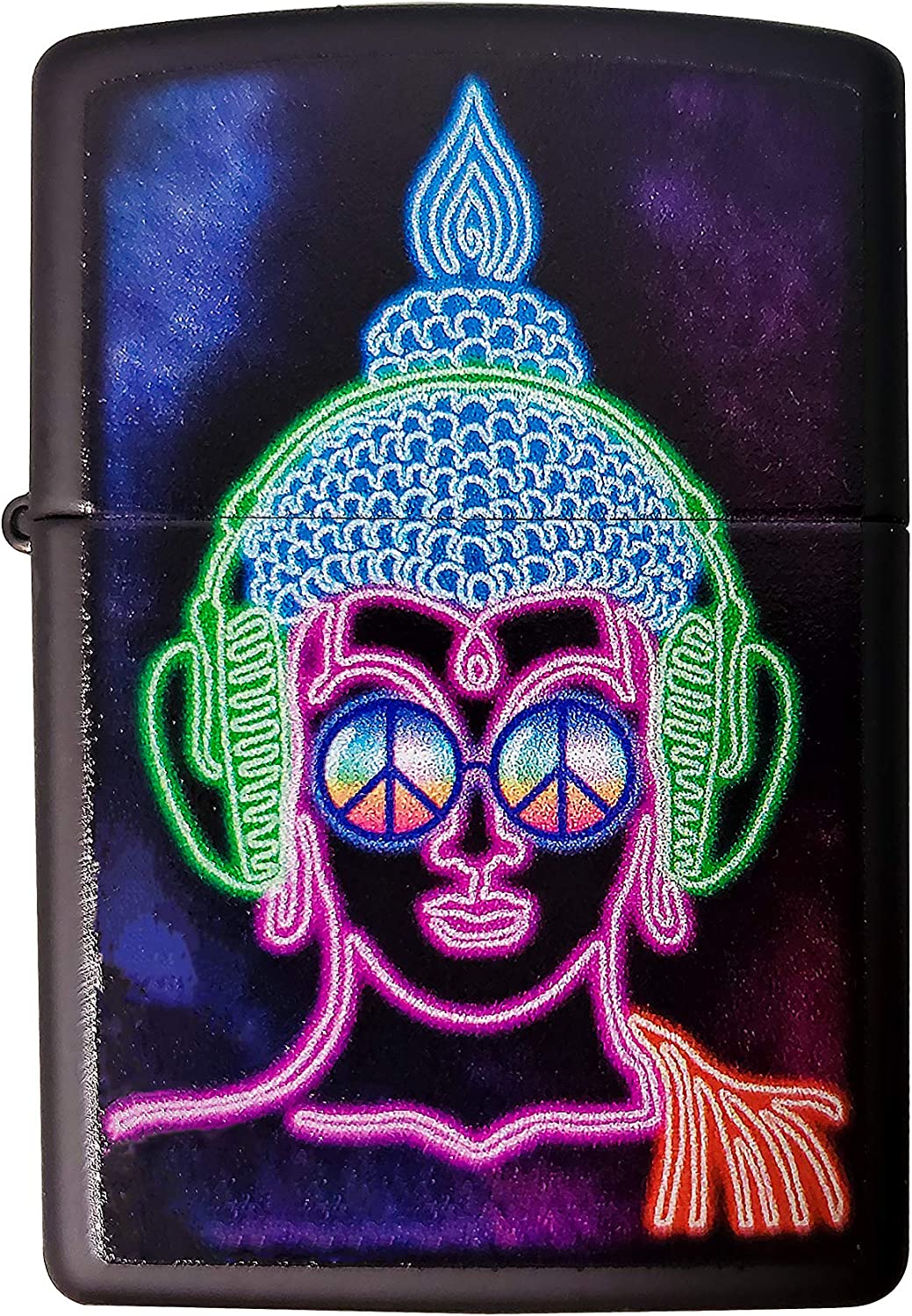 Chill Space Galaxy Headphones Neon Buddha with Peace Signs - Black Matte  Zippo Lighter